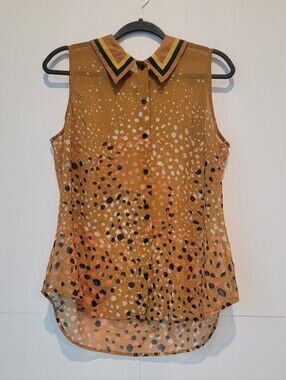 CAbi Women’s M Mustard Abstract Animal Print Sleeveless Button Front Blouse